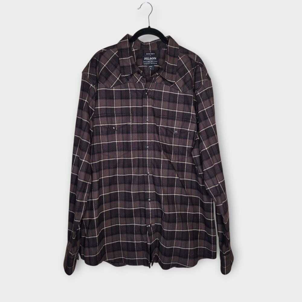 Filson Western Brown Plaid Snap Button Long Sleeve Shirt Trim Fit Men's XL